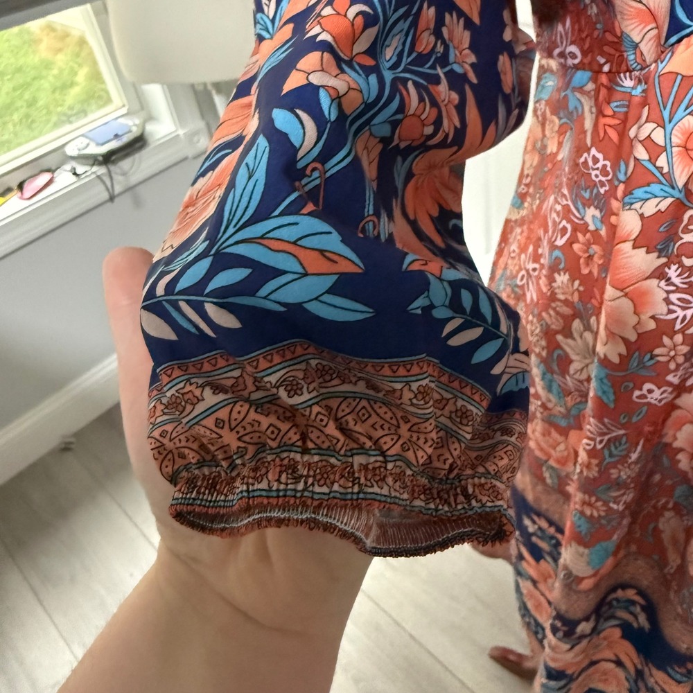 Flowy Bohemian Orange Blue Paisley Floral Mini V Neck Womens Large Dress cottage - Picture 9 of 10